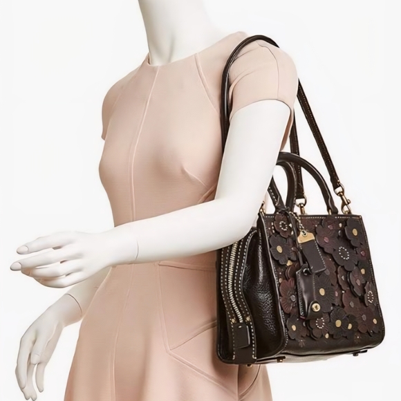 Limited Rogue 25 Tea Rose Coach Black Satchel - Floral Appliques & Brass Accents - Picture 2 of 16